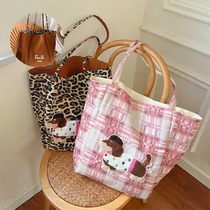 Vintage Canvas Reversible Tote Bag With Cartoon Dog Embroidery Leopard Print And Plaid Pattern Casual Fashion Handbag