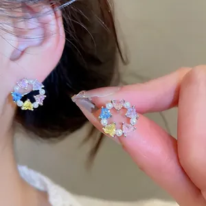 Elegant floral hoop earrings with colorful heart crystals and pearls for women