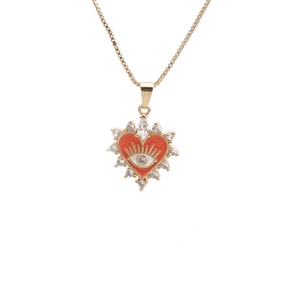 Collier cœur doré en émail rouge avec motif œil du diable serti de zircons brillants