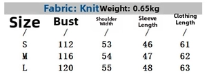 Detaillierte Größentabelle und Stoffparameter für den modischen Strickmantel