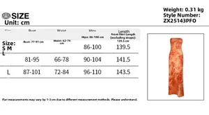 Size chart for strapless floral maxi dress with bust, waist, and hip measurements in cm