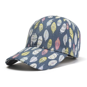 Navy blue baseball cap with colorful feather print and curved brim for outdoor sun protection