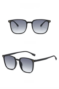 Front and side view of classic black square sunglasses with dark grey gradient lenses