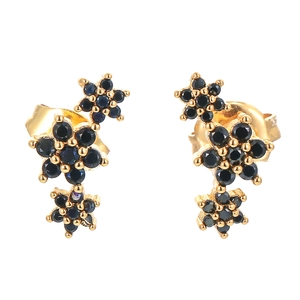 Elegant gold plated floral cluster earrings with three dark blue gemstones for women