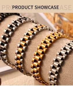Detail of multi-color titanium steel bracelets with classic president link design on display