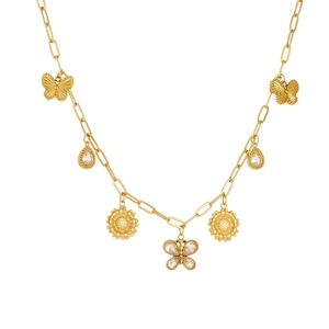 Gold-plated stainless steel paperclip necklace with butterfly, sunflower and crystal drops