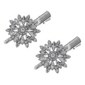 Close-up of sparkling silver rhinestone flower hair clips with metal duckbill base