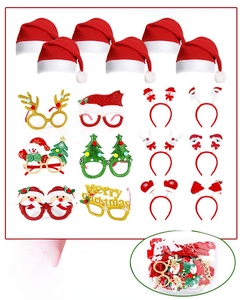 Detailed view of 18-piece Christmas set with red hats, festive glasses, and reindeer headbands