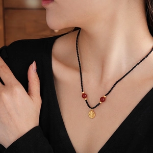 New Chinese Style Necklace Fu Character Round Golden Pendant Red Beads Black Braided Rope Ethnic Retro Jewelry For Women