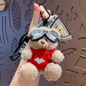Plush bear keychain with red knitted sweater and cool goggles for backpacks and bags