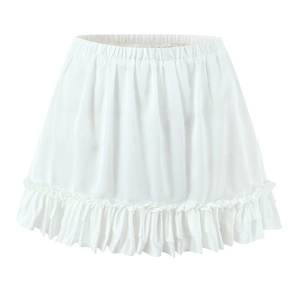 Detailweergave van witte satijnen minirok met elastische taille en ruches