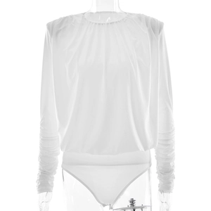 Elegant white long sleeve bodysuit with draped neckline on transparent mannequin