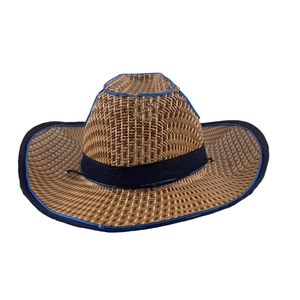 Close-up of brown straw cowboy hat featuring blue LED glowing edges and black ribbon trim