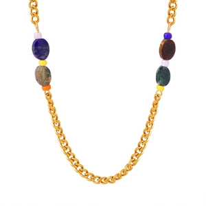 Minimalist gold titanium curb chain necklace featuring colorful natural stone bead accents