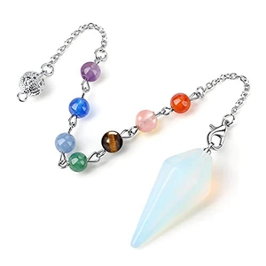 Detailed view of milky white faceted crystal pendant with silver chain and seven colorful beads