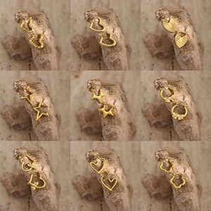 Detailed grid of nine irregular hammered gold stud earrings in geometric shapes