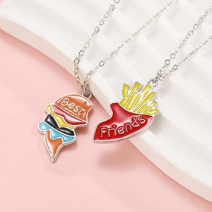 Rainbow enamel hamburger and fries best friends puzzle necklace for women and men