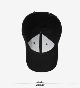 Internal view of black baseball cap showing reinforced white lining and sweatband detail