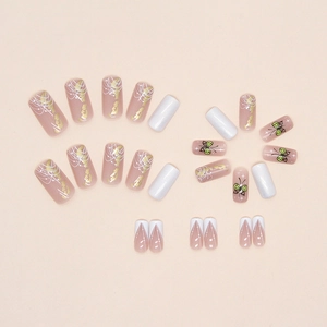 French Aurora gold foil fake nails with butterfly design and nude pink base