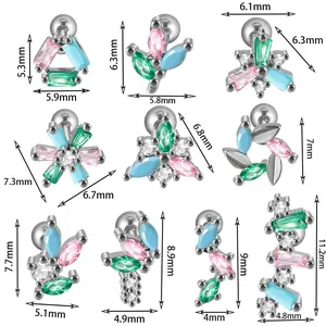 Specifiche dimensionali e misure dettagliate per vari modelli di orecchini in acciaio