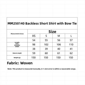 Size chart detail for blue long sleeve cropped shirt with back bow tie design