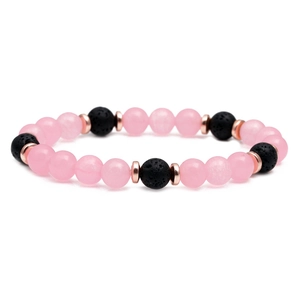 Bracciale elastico in quarzo rosa e pietra lavica nera con distanziatori in oro rosa