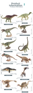 Detailed size chart for 12 miniature dinosaur models with precise measurements