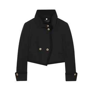 Women Short Blazer Jacket Stand Collar Gold Buttons Double Breasted Polyester French Vintage Elegant Minimalist Outerwear