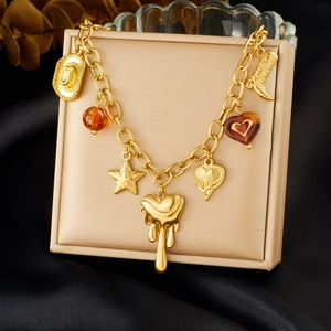 Collier Multi Pendentif Style Cowboy Western Vintage En Acier Inoxydable Plaqué Or Étoile Coeur Pour Femmes