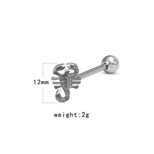 Close-up of a silver scorpion tongue ring with 12mm bar and 2g weight details