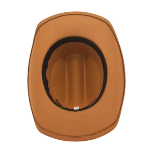 Internal view of caramel felt jazz hat with black sweatband and sizing label
