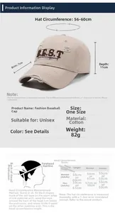 Detailed size chart for distressed baseball cap with brim and depth measurements
