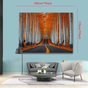 Detail showing 200x150cm birch forest landscape tapestry in a modern living room setting