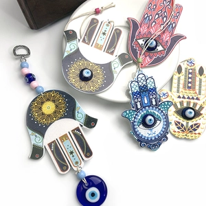 Colorful wooden Hamsa Hand and Evil Eye hanging ornaments set for wall or car decor