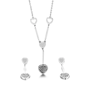Minimalist silver heart necklace and earring set with sparkling crystal accents