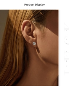 Close-up of S925 silver halo stud earrings with round moissanite stones on an ear model