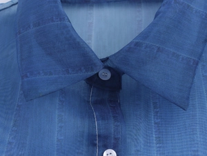 Detail of classic shirt collar with subtle vertical stripes and translucent buttons