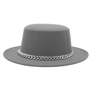 Flat top gray wool felt boater hat with stylish silver chain trim for women and men