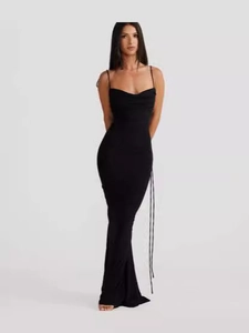 Elegant black backless bodycon maxi dress with ruched drawstring details and slim straps