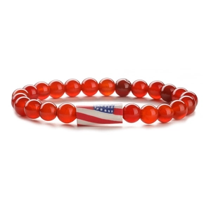 Elastic red beaded bracelet with American flag charm and polished agate style beads