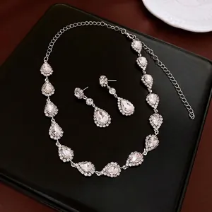 Water Drop Flower Necklace And Earrings Jewelry Copper With Rhinestones Luxury Wedding Party Accessories For Women