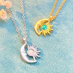 Minimalist sun and moon necklaces with opal stones in gold and silver finishes