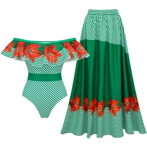 Green two-piece beach set with floral off-shoulder bodysuit and high-waisted maxi skirt