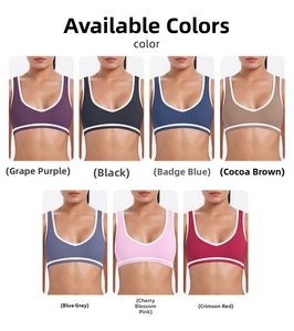 Detail showcasing seven color options of contrast piping seamless sports bras for women
