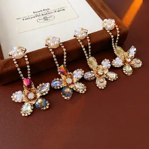 Floral tassel drop earrings with crystals and pearls in vintage bohemian style