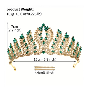 Detailed view of luxury gold bridal crown with green crystals and 7cm height specifications