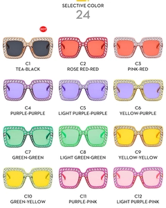 Detail grid of 12 sparkling square rhinestone sunglasses in various vibrant colors