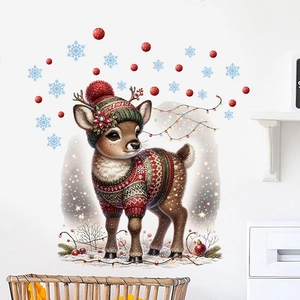 Sticker de Noël avec renne mignon, flocons de neige et baies sur un mur blanc épuré