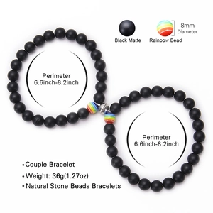 Black matte stone and rainbow bead magnetic couple bracelets with 8mm natural stones