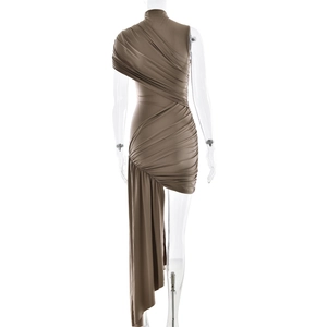 Detail of slim fit one-shoulder ruched dress in dark khaki with asymmetrical hemline